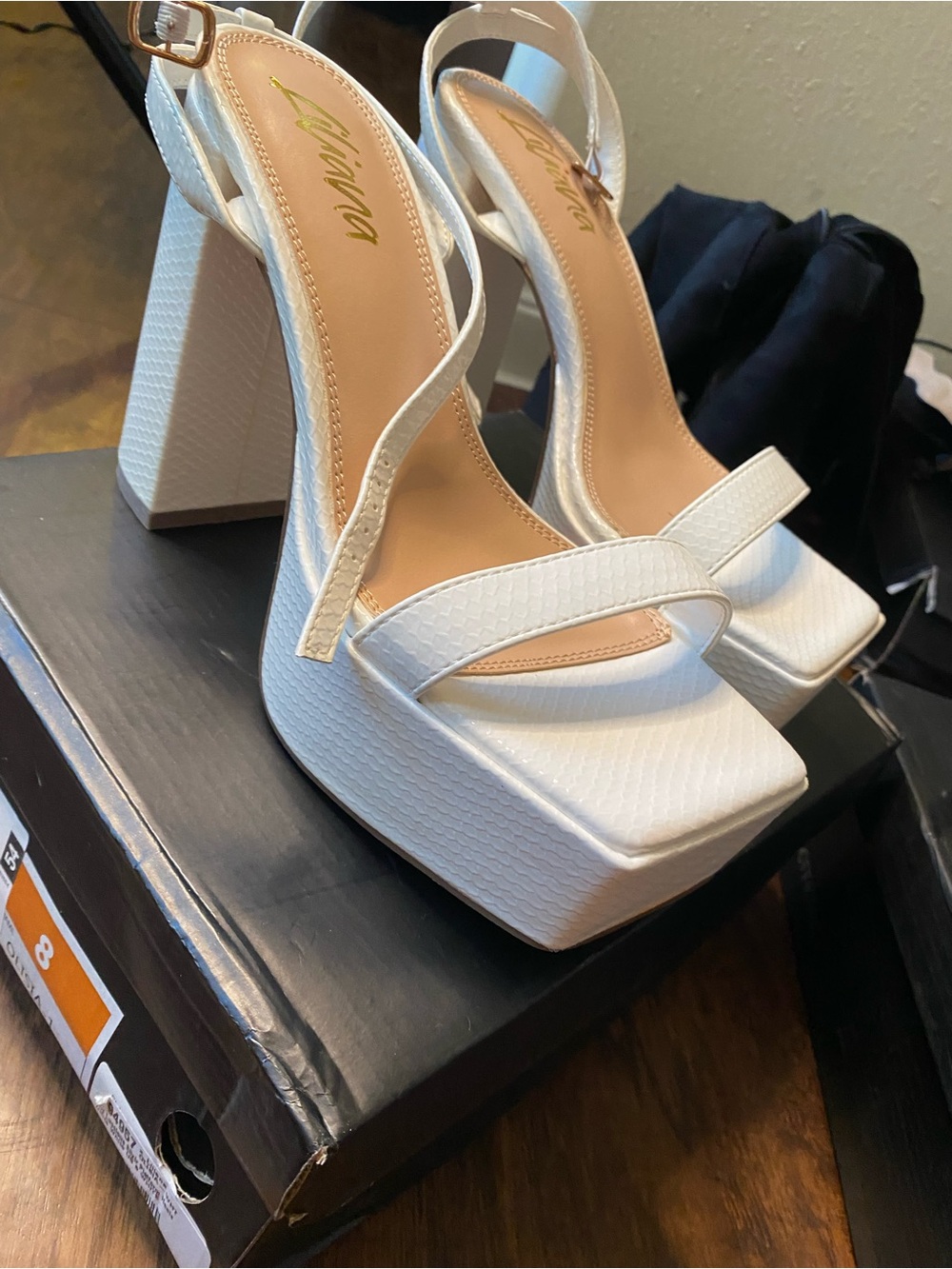 Elevated White Platform Block Heels with Slingback Strap